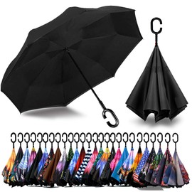 SIEPASA 49/56 Inch Inverted Reverse Upside Down Umbrella, Extra Large Double Canopy Vented Windproof Waterproof Stick Golf Umbrellas with C-shape Handle.（Black, 49 Inch