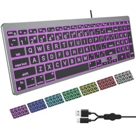 OMOTON Lighted Wired Keyboard for Mac, Large Print Backlit Keyboard with Numeric Keypad, Dual Interface (USB C + A), 7 Colors and Easy to See Big Letters for MacBook Pro/Air, Mini, iMac, Space Grey