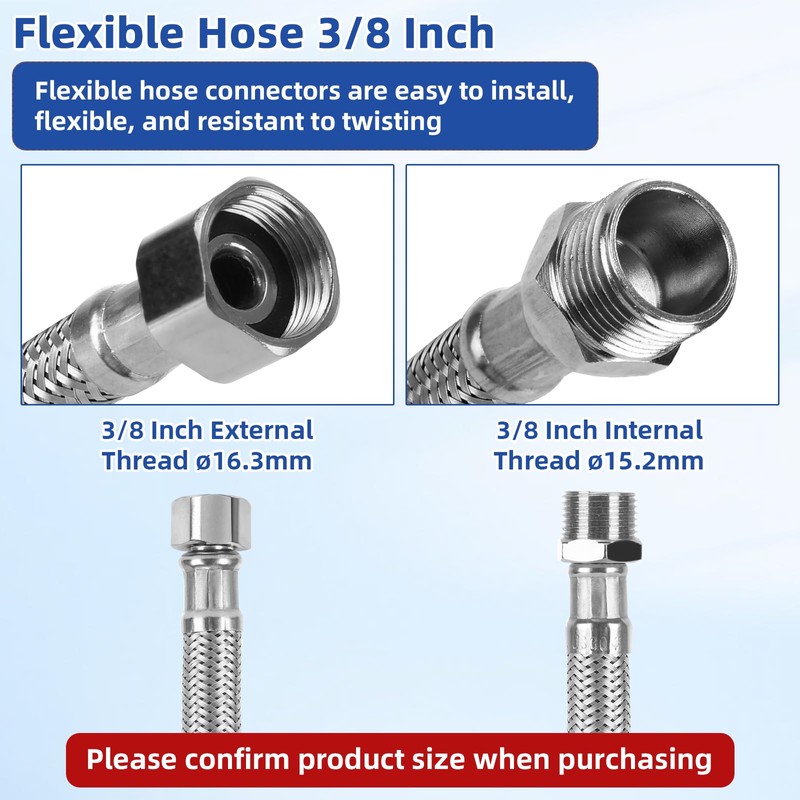 3 pieces flexible hose 3/8, 304 stainless steel reinforced hose,