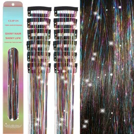 MISSUHUI 12Pcs Hair Tinsel Clip in 23.6Inch Clip in Hair Tinsel Glitter Tinsel Hair Extensions Heat Resistant Tinsel Hair Kit Clip in Sparkling Fairy Hair Accessories for Girls Women Kids (Rainbow)