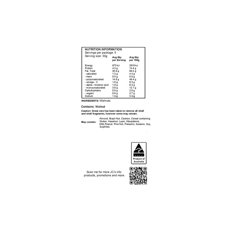 J.C.'s Quality Foods Natural Walnuts 150G