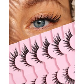 Foxy Lashes Cat Eye 16MM False Eyelashes Natural Lash Strips C Curl Wispy Lashes Pack with Thin Band Volume Fake Eyelashes Fox Eye Siligli 7 Pair