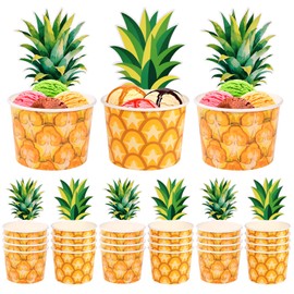 HOWAF 24pcs Pineapple Disposable Cups, Gold Tropical Fruit Ice Cream Cups Hawaiian Luau Decoration Paper Snack Bowls Tiki Luau Party Supplies for Beverage Summer Themed Birthday Wedding Party