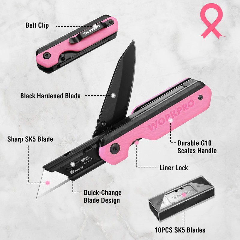 WORKPRO 2-in-1 Folding Knife/Utility Knife, Wood Handle, G10 Handle