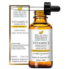 Health Priority Naturals Organic Vitamin E Oil for Skin - 0.5 Fl oz Vitamin E Serum with Jojoba and Avocado Oil - 15000 IU Unscented, Handcrafted for Face and Hair, Non-GMO and No Gluten