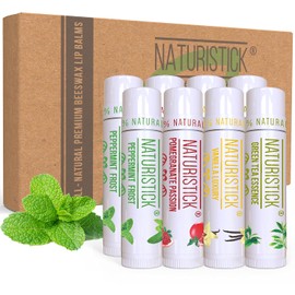 Juego de 8 bálsamo labial de Naturistick. Sabores surtidos. Ingredientes 100% naturales. Las mejores barras de cera de abeja para labios secos y agrietados. Fabricado en Estados Unidos para hombres, mujeres y niños