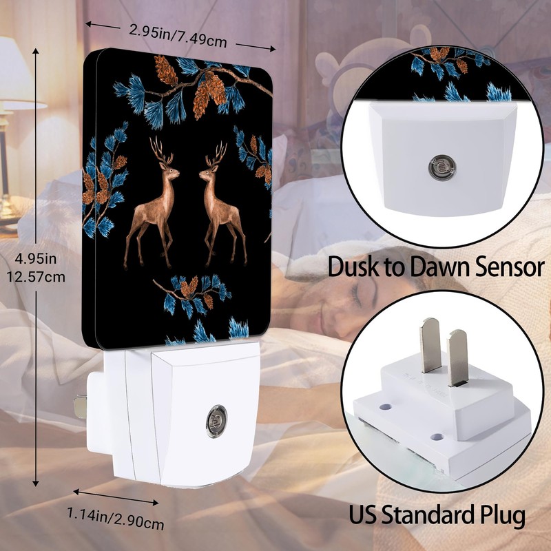 Jopowide Retro Deers Night Light, Pine Branches Night Lights Plug