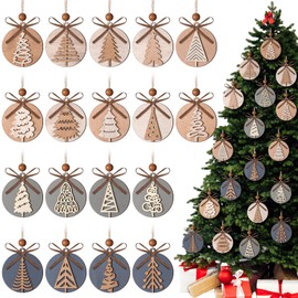 Yookeer 18 Pcs Rustic Christmas Tree Ornaments Xmas Grays and Browns Stained Vintage Winter Christmas Tree Holiday Ornaments Farmhouse Wood Hanging Decor for Home Winter Handcrafted Party