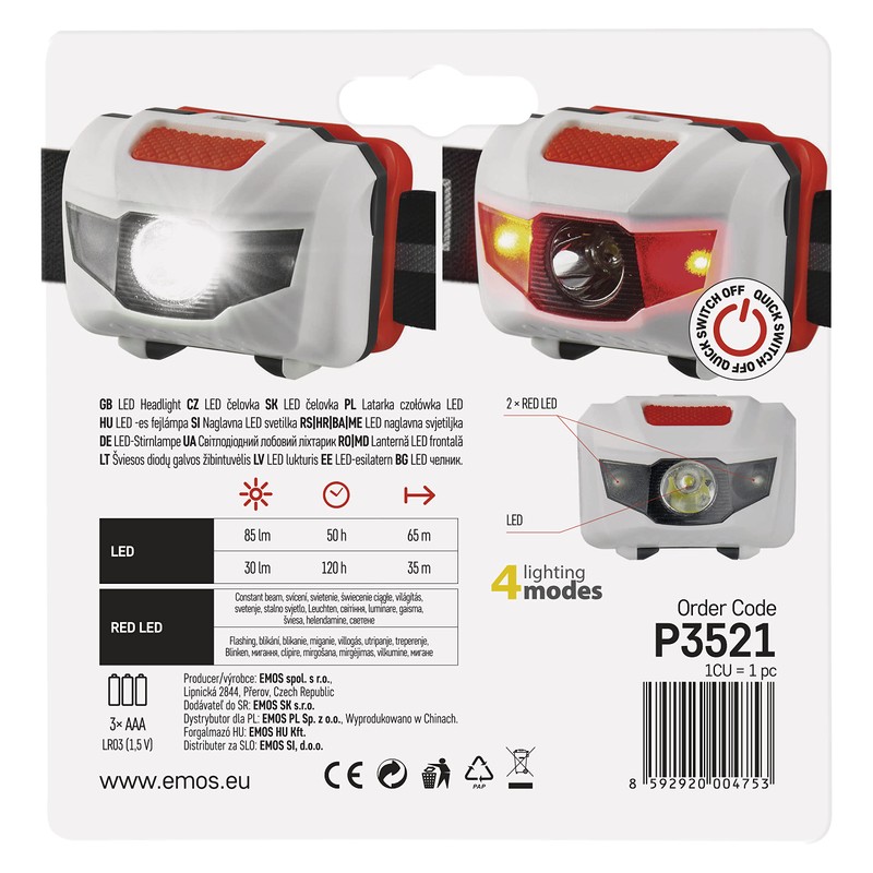 EMOS LED Headlamp with Red Light, Waterproof Head Torch IP43