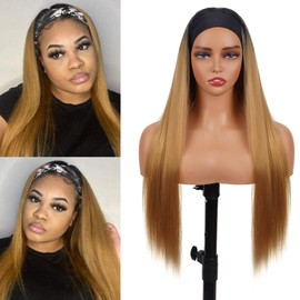1B/27 Headband Wig Human Hair Straight 16 Inches Ombre Honey Blonde Human Hair Headband wig None Lace Front Wigs Human Hair Wig for Black Women Wear and Go Wig 150% Density wig（1B/27,ST,16Inch)