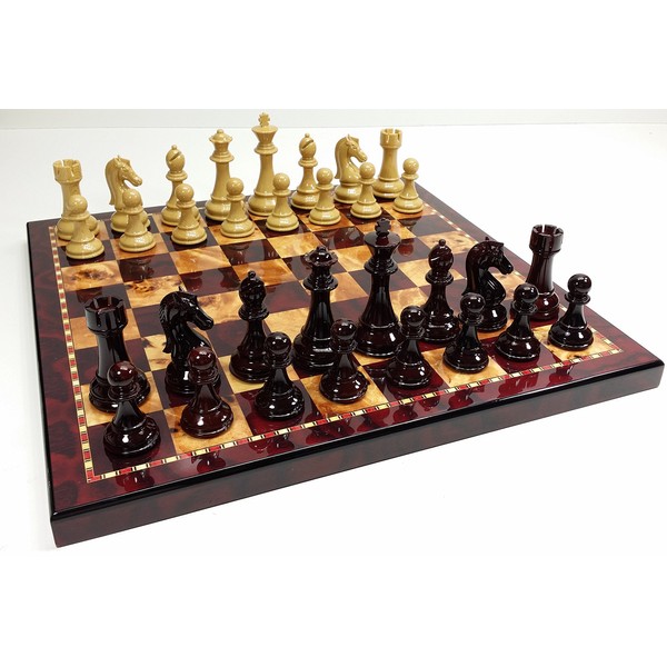 Large 4 1/4" King Staunton High Gloss Chess Set w/ 18" Cherry & Burlwood Color Board