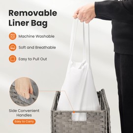 DUMOS Woven Laundry Basket with Lid, 90L Large Capacity Hamper, Removable & Machine-Washable Liner, Foldable Rattan Clothes Hamper, Sturdy Steel Frame, Odor Control, Dove Gray