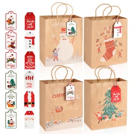 LYLIN 12Pcs Christmas Gift Bags, Christmas Kraft Paper Bags for Holiday, Christmas Goody Bags, Small Christmas Gift Bags with Handles, Xmas Treat Bags for Holiday Paper Party Gift Bags Party Supplies