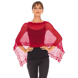 SHU-SHI Womens Sheer Poncho Shrug Lightweight Knit Ruffle Sweater Top Red