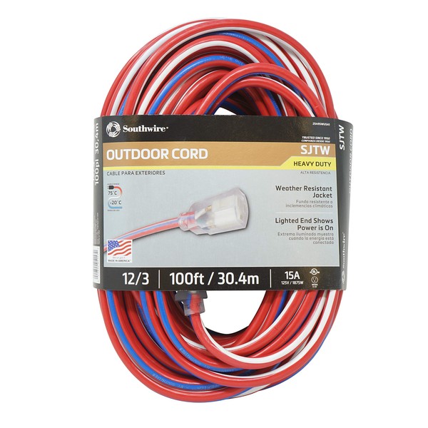 Southwire 2549SWUSA1 100-Feet Contractor Grade; 12/3 Extension Cord With Lighted End; Red White And Blue American Made Extension Cord Indoor and Outdoor Use Water Resistant Flexible Jacket