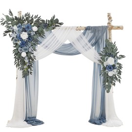 Ting's time Wedding Arch Flowers with Drape Kit (Pack of 4),2pcs Dusty Blue Floral Swags Arrangement and 2pcs Drapes Fabric for Wedding Ceremony and Reception Backdrop Decoration
