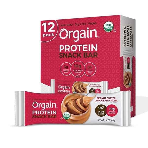 Orgain Organic Plant Based Protein Bar, Peanut Butter Chocolate Chunk - Vegan, Gluten Free, Non Dairy, Soy Free, Lactose Free, Kosher, Non-GMO, 1.41 Ounce, 12 Count (Packaging May Vary)