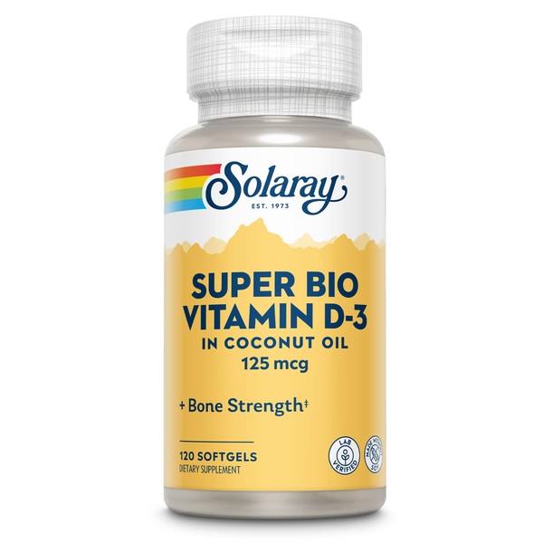 Solaray Super Bio Vitamin D-3 in Coconut Oil, Healthy Bone Strength & Immune Support, No Soy, 120 Servings, 120 Softgels