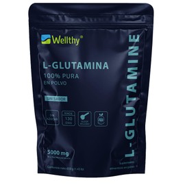 Wellthy L Glutamina de Alta Pureza 650g. 100% Natural, 5g Por Porción, 130 Porciones por Envase, Sin Sabor, Solubilidad Instantánea, Incluye Cuchara Medidora, Bottle Free.