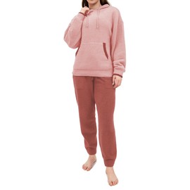 DAVID ARCHY Fleece Pajamas Women Fuzzy Warm Pjs Winter Soft Comfy Lounge Sets Long Sleeve Tops and Pants Sleepwear(L, Coral Pink Hoodie)
