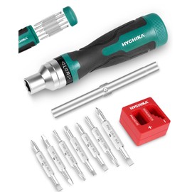 HYCHIKA Ratcheting Screwdriver 16-in-1, Magnetic Ratchet Screwdriver Set, Screw Driver Multi Bit All in One with Phillips, Slotted, Torx, Square, Hex bit and Double End Nut Driver