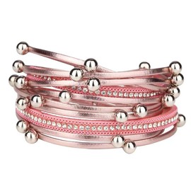 P Ammy Fashion® Women's Boho Multi-layer Leather String Wrap Bracelets Punk Style Cuff Long Bracelets or Leather necklace with Magnetic Clasp (Pink)