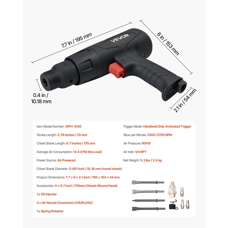 VEVOR Air Hammer, 2500-2700BPM Pneumatic Hammer with 2.76-inch Stroke &