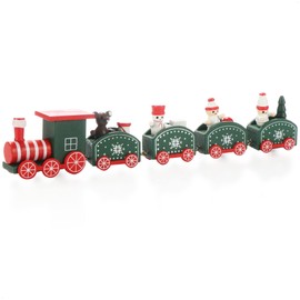 com-four® Christmas train with four wooden trailers - decorative Christmas train - Christmas table decoration, wooden train, 24cm (wood green)