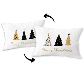 FLDAS White Christmas Pillow Covers 12x20, Christmas Tree Pillow Cases, White Christmas Winter Decor, White Black Gold Merry Christmas Tree Reversible Pillows Decorative Throw Pillows Cover