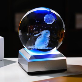 Movdyka 3D Crystal Ball Engraved Rabbit and Moon Figurines with Night Lights, 3.15in. Glass Globe Bunny Gifts for Women Daughter, Collectible Animal Ornaments for Home Keepsakes for Her Mum