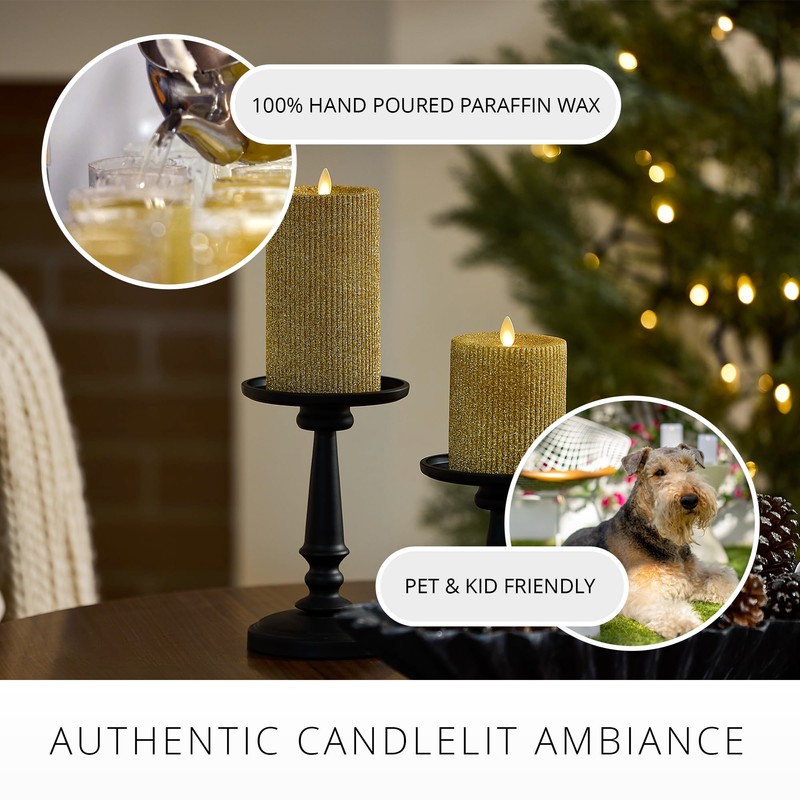 Luminara Rich Gold Glitter Ribbed Flameless LED Candle Moving Flame