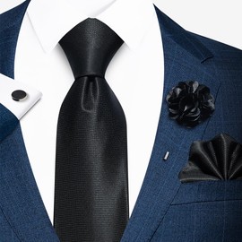 Solid Color Ties Set Men Handkerchief Cufflinks Brooch 3.15 inches Classic Formal Necktie Pocket Square Set (Black 2)
