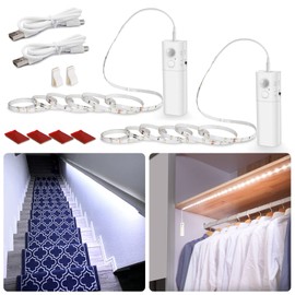 WOBANE Motion Sensor Stair Strip Lights,Rechargeable Motion Activated Closet Light,Battery Powered LED Strip,60 LEDs Homelife Bar for Bed,Pantry,Counter,Night Light,Cabinet,6000K White,6.56ft,2PCS