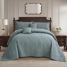 HZ & HY Botanical Oversized King Bedspread, Leaves Pattern Stitching Quilt Set, Elegant & Fresh Style Bedding Cover, Reversible, Lightweight 5 Piece Set, Grey