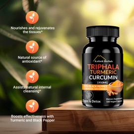 Kailash Herbals Triphala Turmeric Curcumin 1950MG with Black Pepper, 100 Vegan Capsules, Digestive System Health, Dietary Supplement