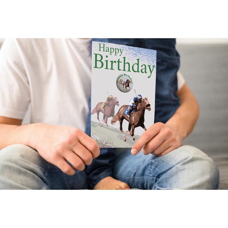 AK Giftshop Horse Racing Birthday Card With Badge