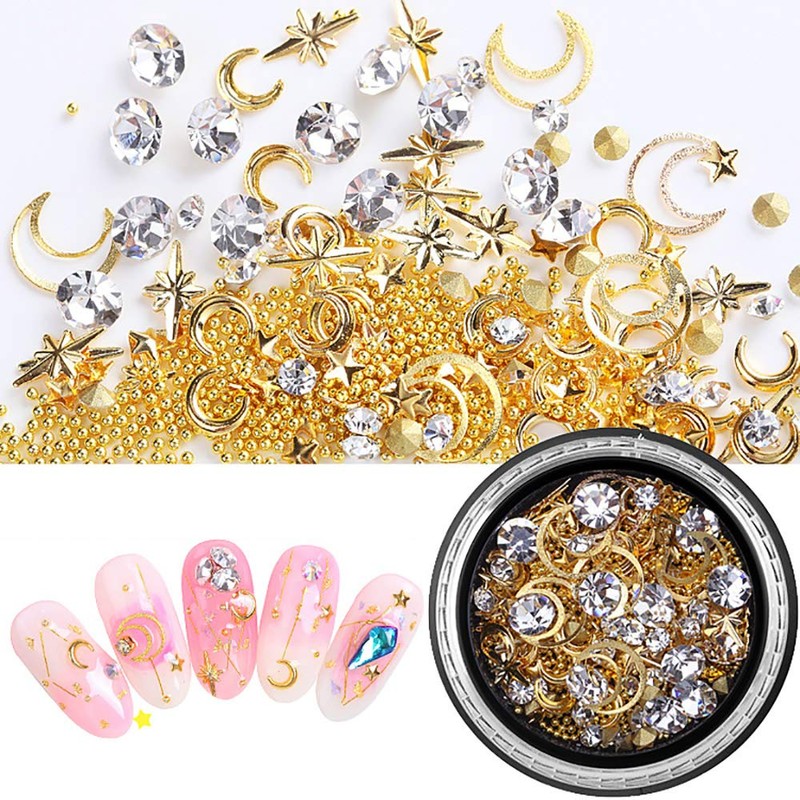 SILPECWEE 6 Boxes 3d Nail Rhinestones And Studs Gold Nail