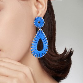 Legitta Raffia Teardrop Dangle Earrings Royal Blue Bohemian Tassel Fringe Rattan Hoop Statement Drop Earrings for Women
