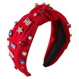 Gmmidea 4th of July Headband for Women Girls American Flag Jeweled Knotted Headband Rhinestone Star Flag Patriotic Headband Wide Top Cute Independence Day Hair Band A-Red