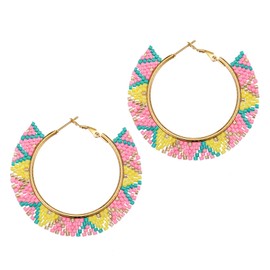 Winssigma Boho Beaded Hoop Earrings, Handmade Colorful Beads Gold Hoop Earrings for Women Big Circle Bead Huggie Earrings(Pink)