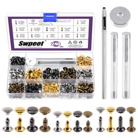 Swpeet 240 Sets 4 Colours 8 mm 10 mm 12 mm Leather Rivets Double Cap Rivets with 4 Pieces Fastening Tool Assortment Kit, Leather Rivets Double Cap Studs Tubular for DIY Leather Craft Clothing Shoes