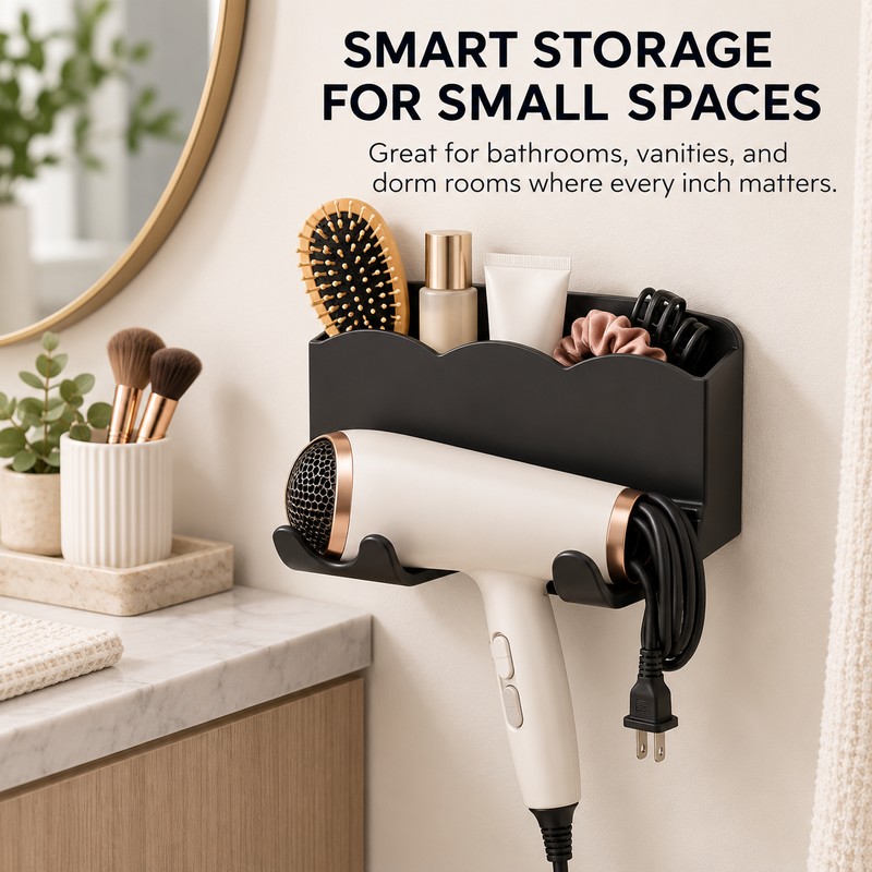 Wall-Mounted Hair Dryer Holder for Bathroom Storage – No-Drill Organizer