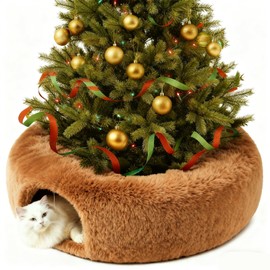 Cat Tunnel Christmas Tree Skirt， Cat Bed Under The Xmas Tree, Soft Plush Kitty Tunnel Bed with Washable Cushion, Two-Entry Peekaboo Round Christmas Cats Donut for Kitten Puppy Rabbit Ferret (Brown)