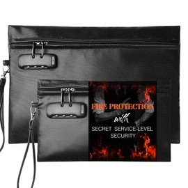 Fireproof Document Bag Set with Lock, 2 Pcs Money Box for Cash & Passport, 6200°F Fire Proof Bag for Documents 14"x9.8" & 10.6" x 6.7", Fireproof Document Safe, Waterproof Money Bags Pouch with Zipper