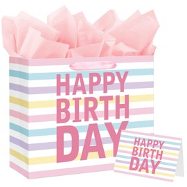 13" Large Happy Birthday Gift Bag with Handles and Tissue Paper, Cards for Girls Women Birthday Party Favors Wrap, Kids Parties, Mother's Day