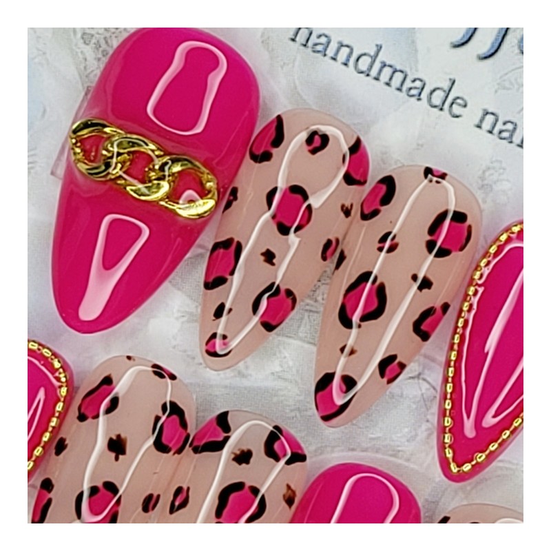 Hot Pink Leopard Handmade Nail Tips - Coffin Egg /