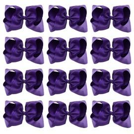 DEEKA 12 PCS 6" Big Hand-made Grosgrain Ribbon Hair Bow Alligator Clips Hair Accessories for Little Teen Toddler Girls - Purple