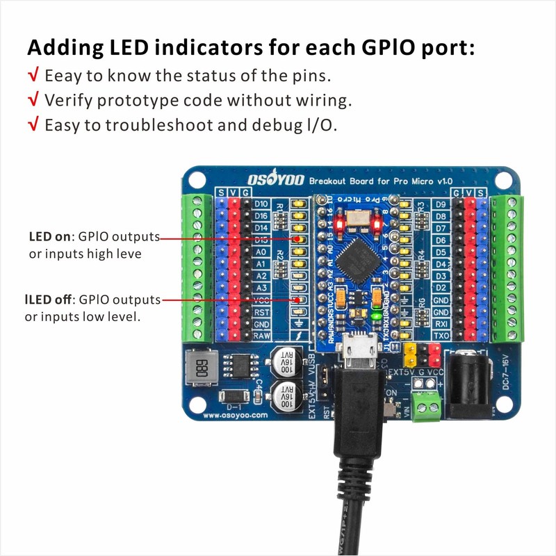 OSOYOO Pro Micro Shiled Breakout Board - GPIO Status LEDs,