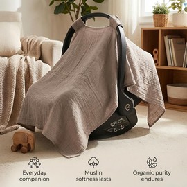MOZAH Baby Car Seat Cover - Belgian Grey - 100% Organic Muslin - Soft, Breathable and Lightweight, Baby Infant Car Seat Essentials