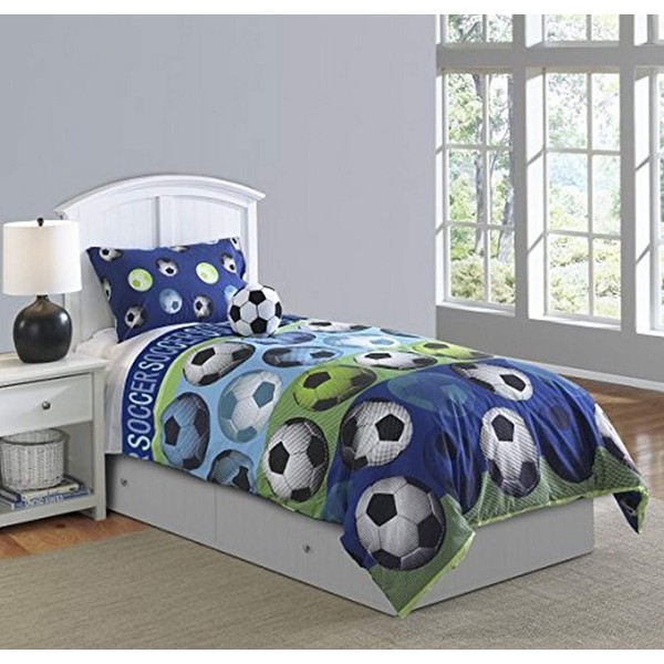 Riverbrook Home Printed Peached Polyester Comforter Set, Full, Set of 4, Soccer League - Blue/White, 4 Piece